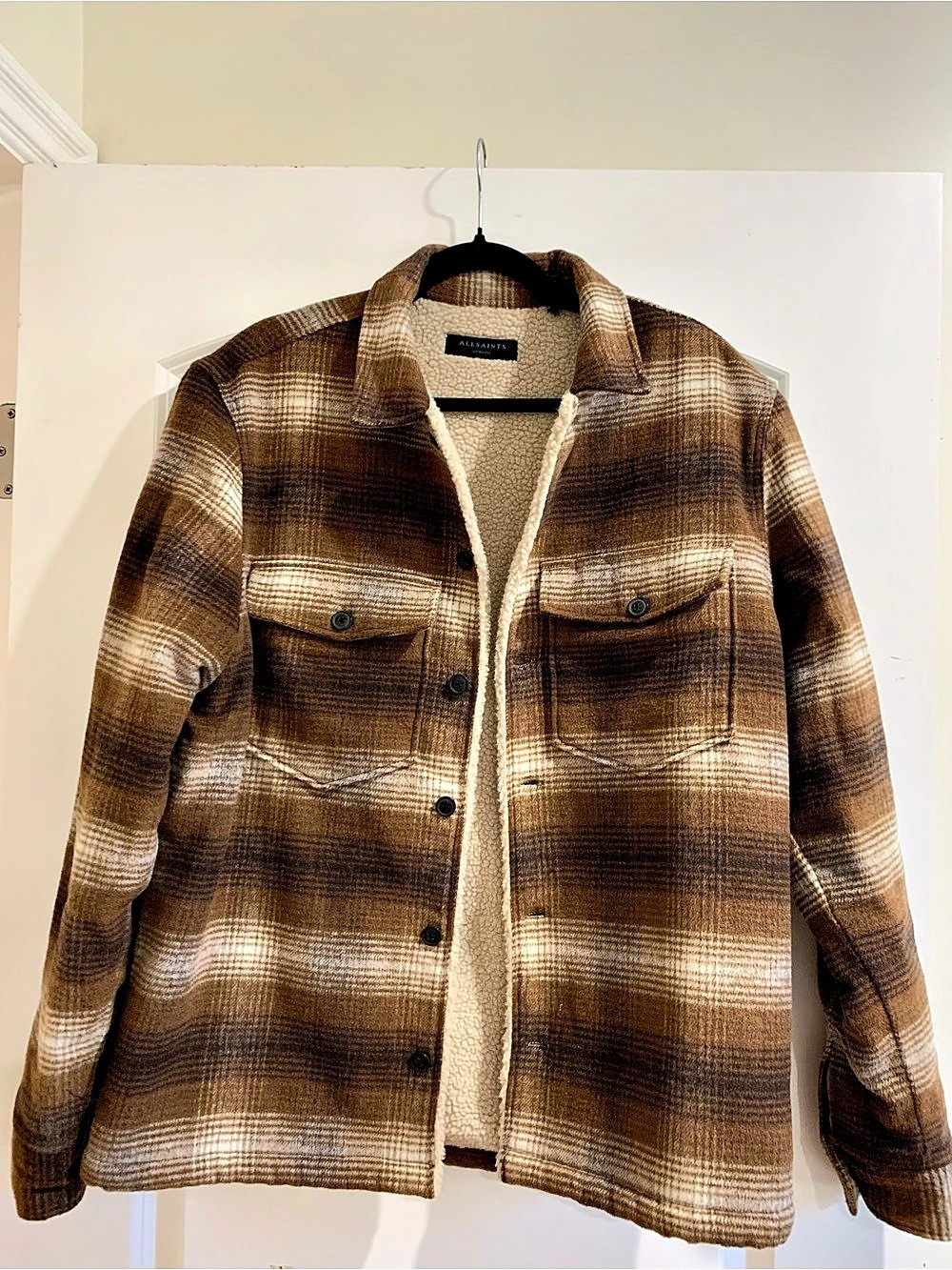 AllSaints Seneca Check Sherpa Lined Jacket Brown & Cream Medium